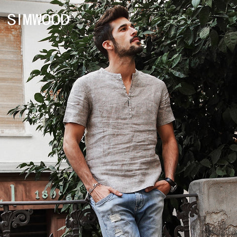 Pure Linen Shorts Sleeve Striped Slim Fit Henry Collar