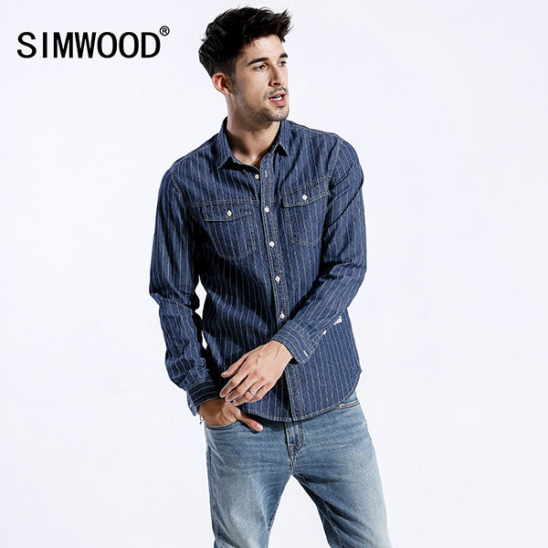 SIMWOOD Casual Striped Shirts Men Brand 2018 New 100% Pure Cotton Long Sleeve Shirts Male Slim Fit Plus Size High Quality 180383