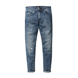 Brand Jeans Men Fashion Ripped Dark Wash Slim Fit Denim Trousers