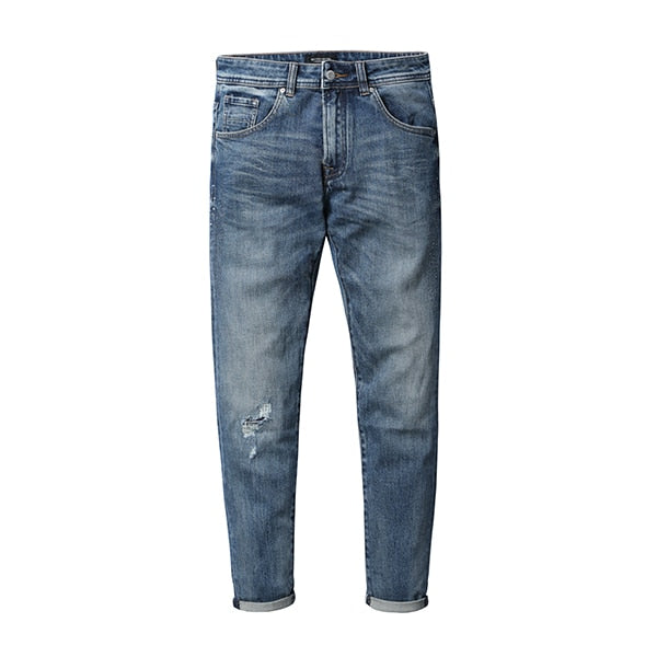 Brand Jeans Men Fashion Ripped Dark Wash Slim Fit Denim Trousers