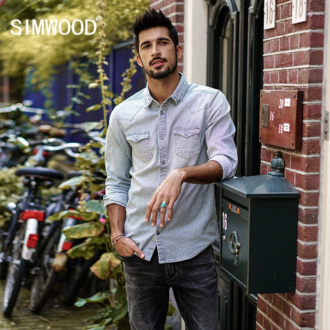 SIMWOOD 2018 Brand Casual Shirts Men Slim Fit Autumn  New Denim Shirt Male Stripes  Cotton Plus Size High Quality CC017026