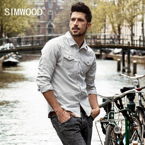 SIMWOOD 2018 Autumn  New Denim Shirts Men Pocket Slim Fit Long Sleeve 100%  Pure Cotton Shirt Plus Size Brand Clothing CC017027