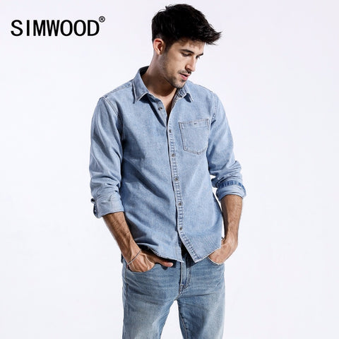 New Denim Shirts Men Pocket Slim Fit Long Sleeve Denim