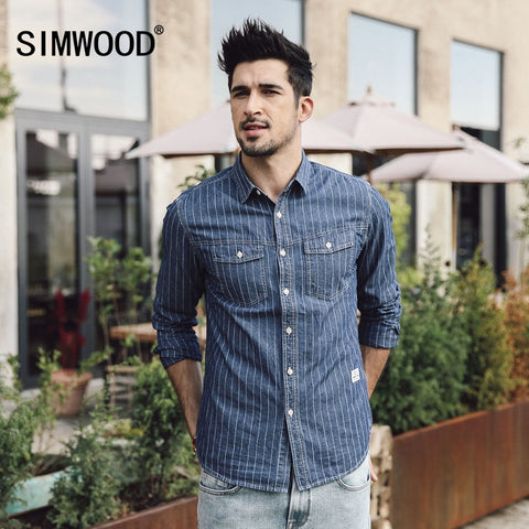 SIMWOOD Casual Striped Shirts Men Brand 2018 New 100% Pure Cotton Long Sleeve Shirts Male Slim Fit Plus Size High Quality 180383